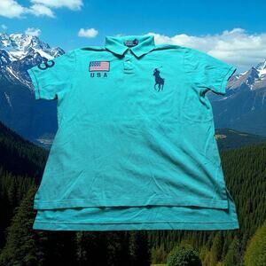 2008 Beijing Polo Ralph Lauren USA Olympics Polo Shirt - Teal Blue - Mens XL